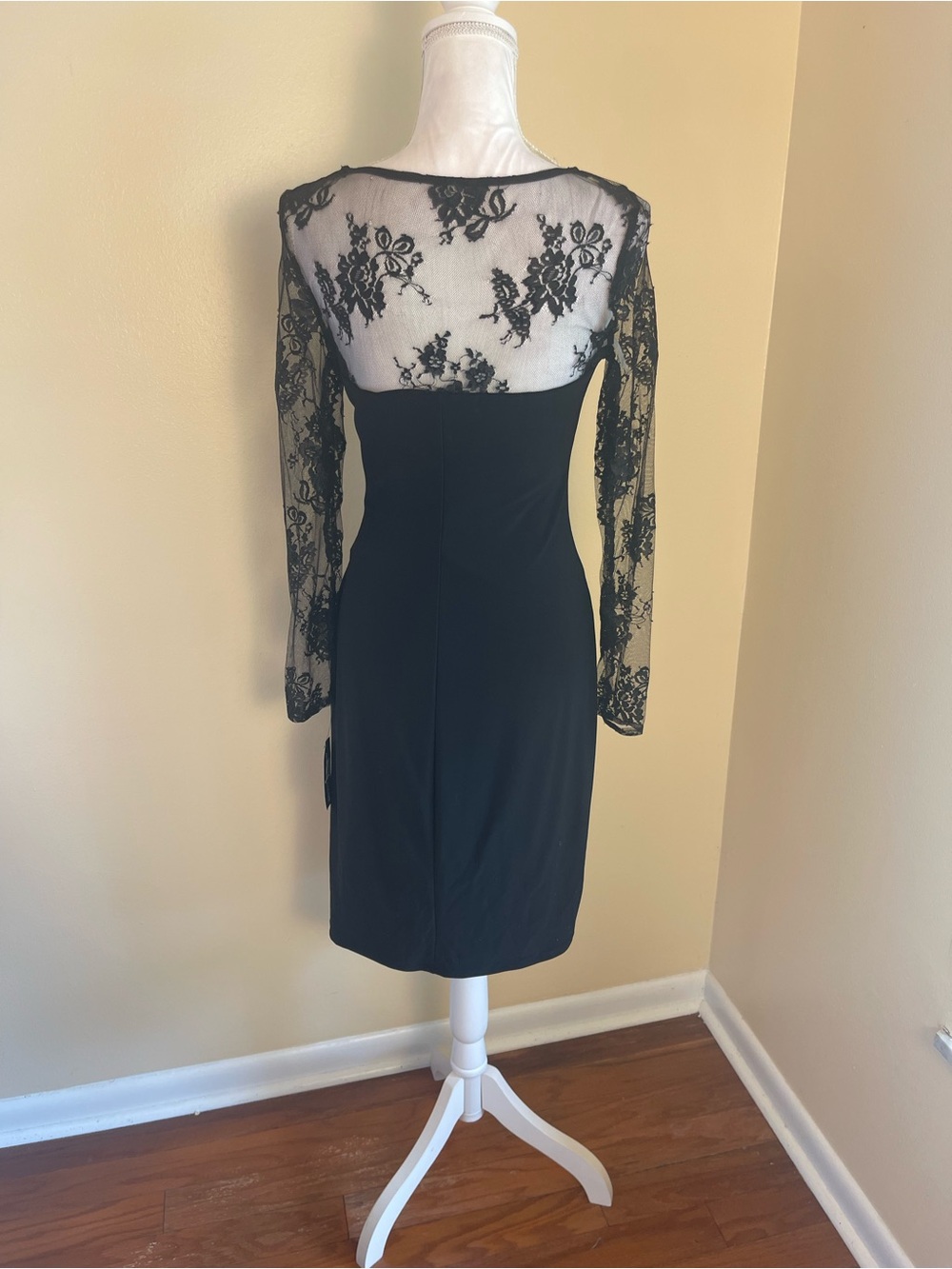 Black Sheer Floral Lace Faux Wrap Dress 8 Ruched Stretchy Cocktail Party Formal - Picture 8 of 16